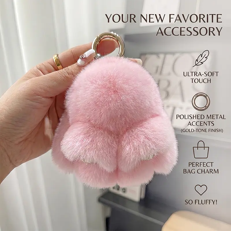 Fluffy Bunny Pom-Pom Keychain & Bag Charm, Handmade Stress-Relief Accessory for Students, Cute Summer Keepsake Graduation Gift, Cute Soft Keychains, Fuzzy Keychain
