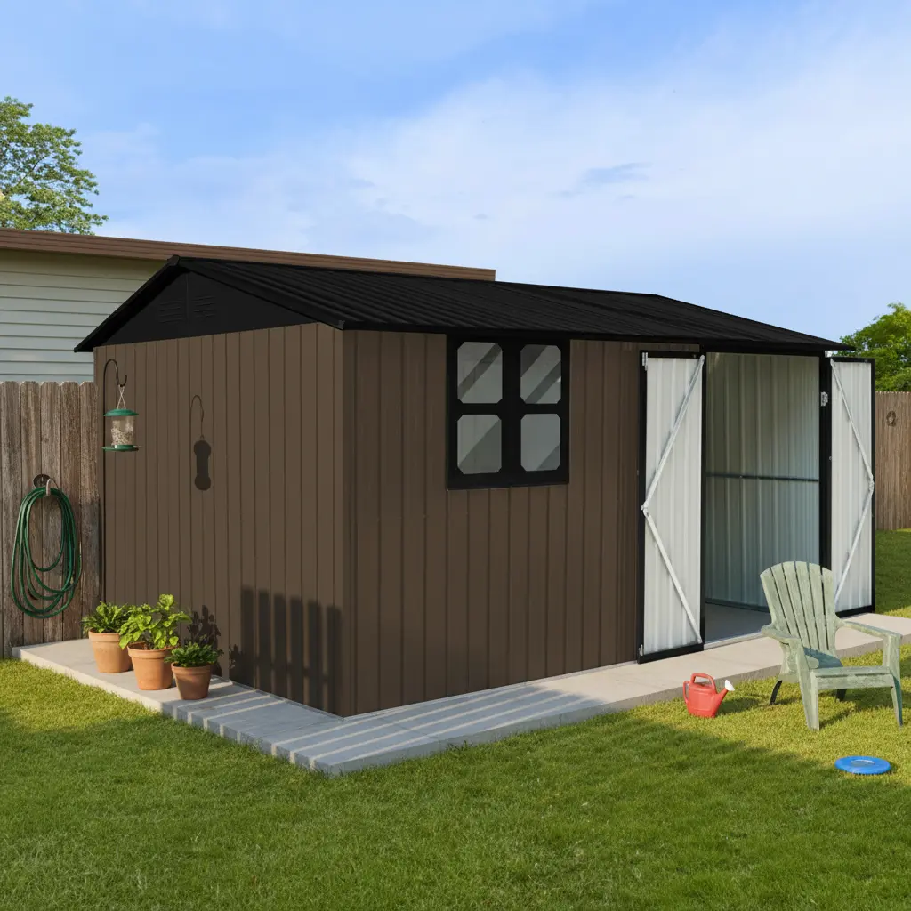 12x10 ft Brown Metal Outdoor Storage Shed with Window, Shelves, Worktable, and Lockable Apex Roof for Backyard and Garden Tools