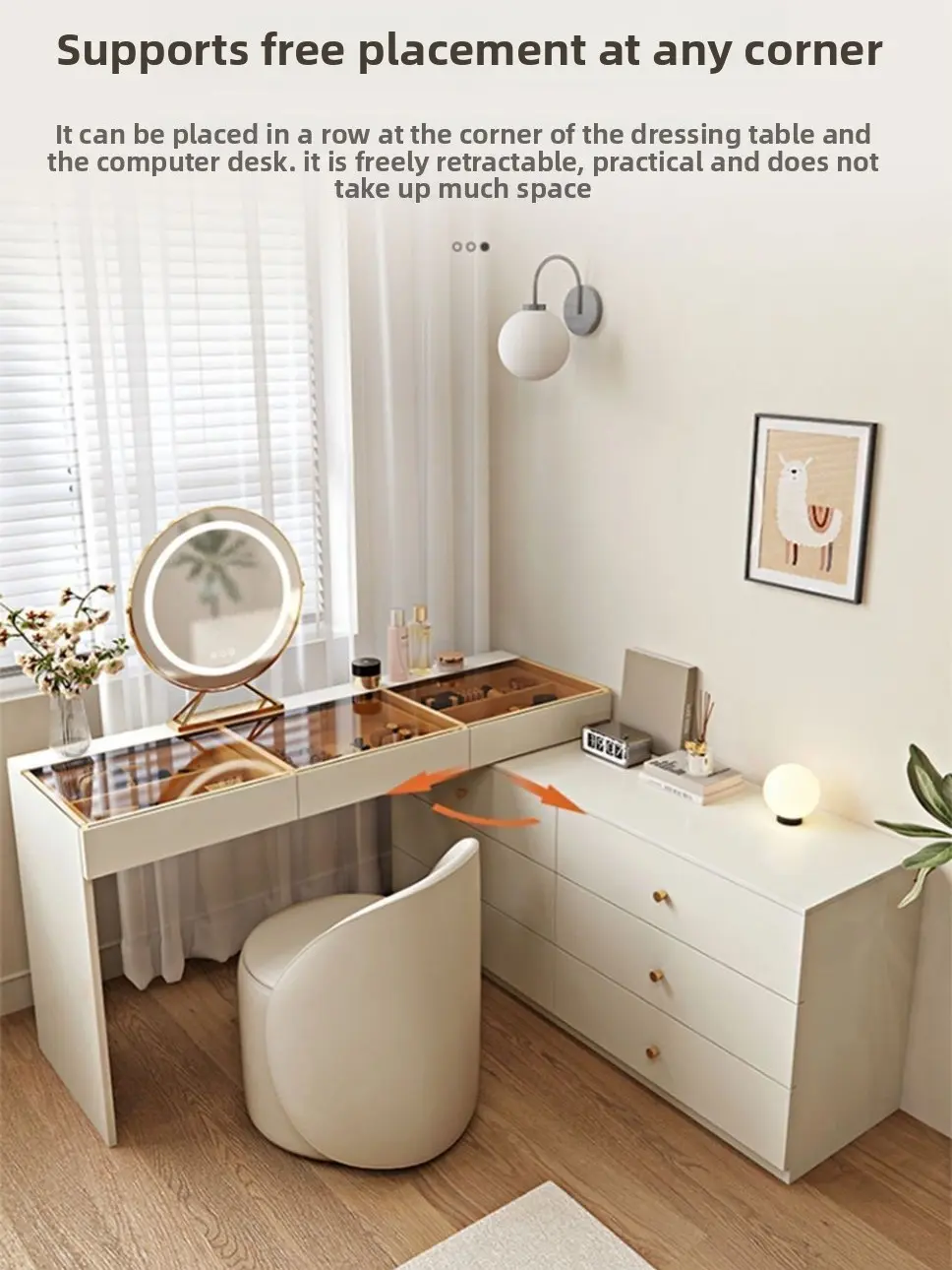 Cream-style corner dressing table with integrated drawer cabinet, popular retractable makeup table, ultra-thin dressing table for bedroom
