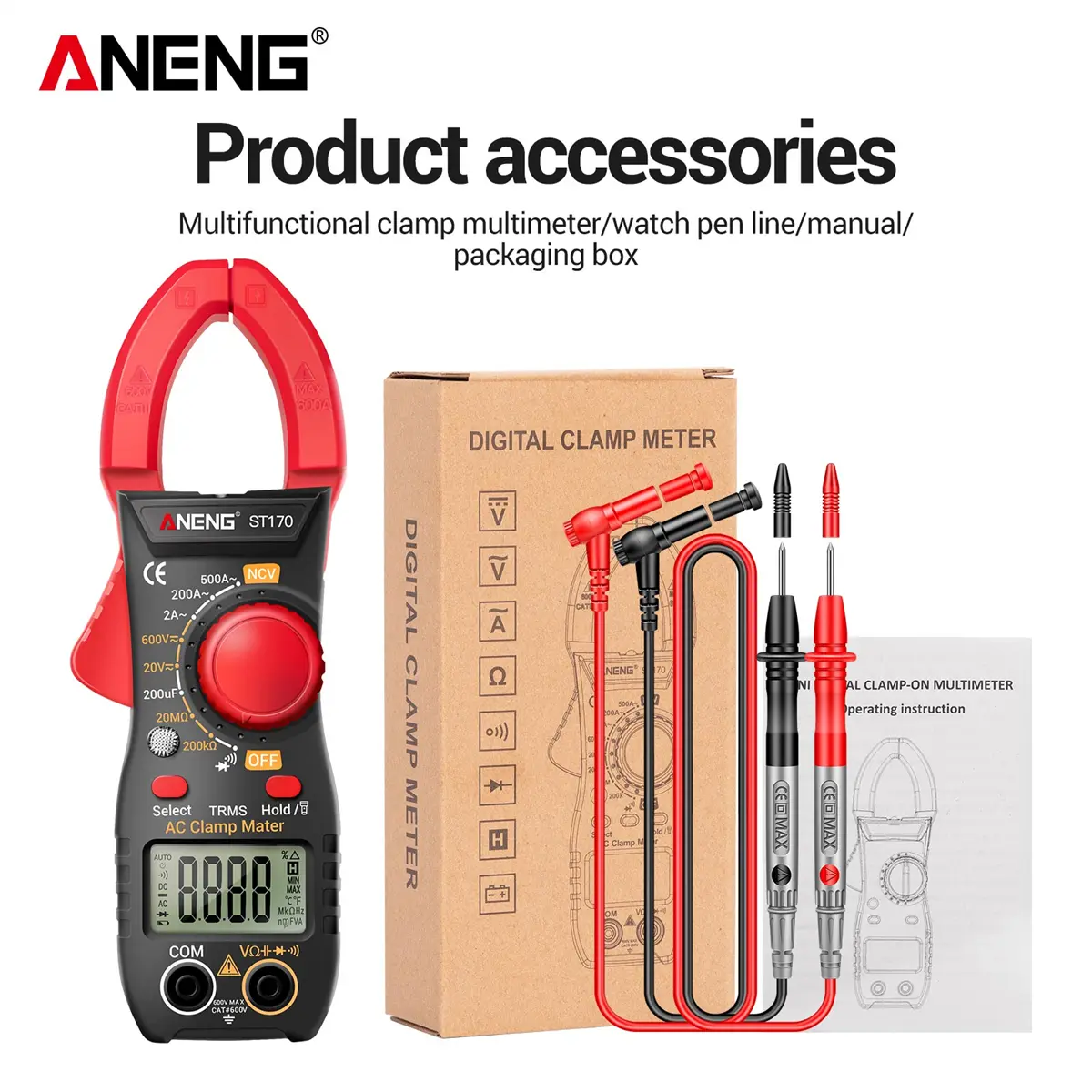 ANENG ST170 Model Compact High Accuracy Digital Clamp Multimeter, 1999-Count Portable Ammeter Voltmeter with AC/DC Voltage, Current, NCV Alarm, Resistance, Capacitance Testing, Flashlight, LCD Backlight, Gift for Electricians, Clamp Meter, 1999-Counts
