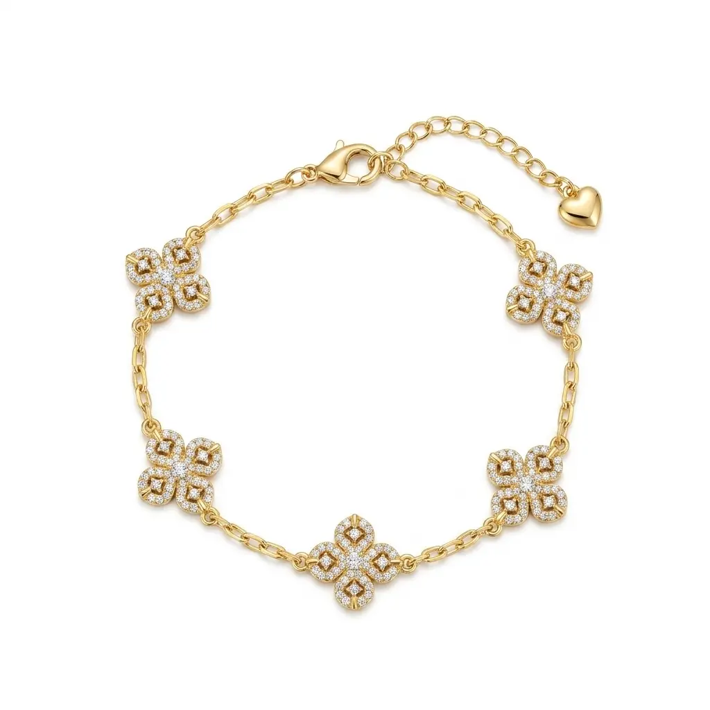 Clover Bracelet, Sparkling  Four Leaf Flower Bracelet, Adjustable