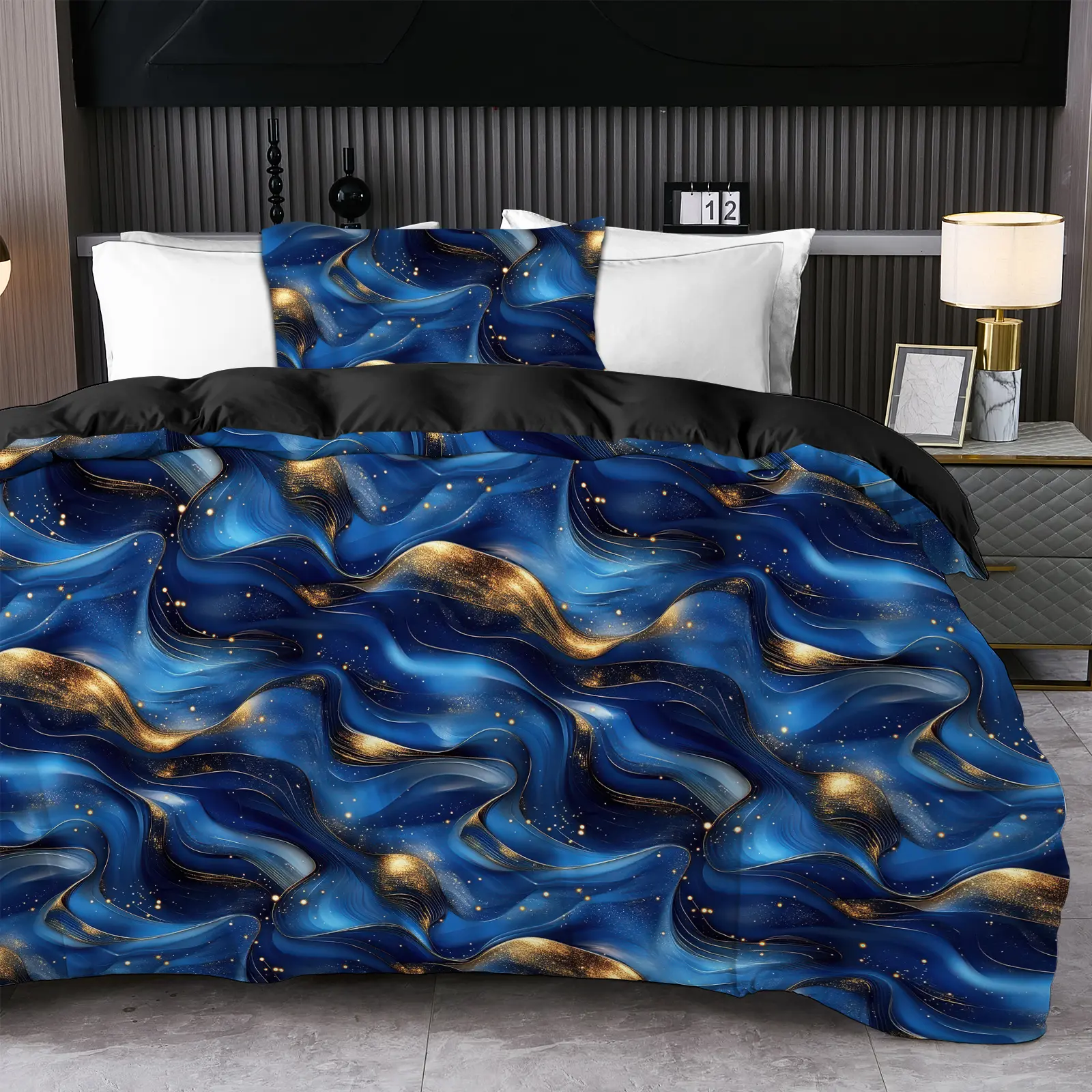Midnight Blue & Gold 3D Printed Duvet Cover Set, Abstract Marble Wave Bedding Set with Pillowcase(s), Modern Bedroom Decor, 2/3 Piece, Twin Full Queen King