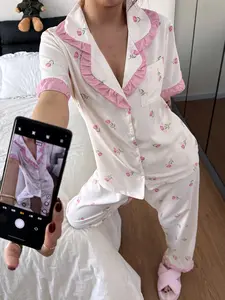 Valentine's Day Women's Sleepwear Set, Floral Print Ruffle Short Sleeve Long Pants, Casual Home Wear, Soft Button Up Top & Elastic Waist Pant