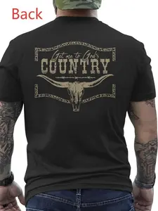 Men'S Western Bull Head Pattern T-Shirt - 100% Heavy Duty Loose Style Black And Beige, Suitable for Rural Music Ranch Daily Casual Wear, All-Season Breathable Crew Neck Short Sleeves Top