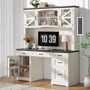 ONBRILL 72" H Farmhouse Executive Desk with Hutch, Office Desk, Computer Desks with Charging Station, Computer Workstations with 5 Drawers and Storage Cabinet for Home, Office