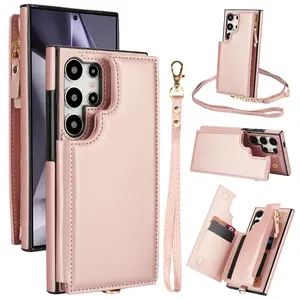 Crossbody Wallet Case with Wrist Strap, Removable Adjustable Shoulder Lanyard, PU Leather Cover with Cash Slot for Samsung Galaxy S24 FE S25 Plus, Phone Accessories, Durable