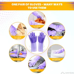 Silicone Dishwashing Gloves for Washing Dishes - Reusable Rubber Gloves for Cleaning The Home Dish Gloves for Dish Wash Pet Care Car Washing - Kitchen Cleaning Scrubber 1 Pair Purple Cleaning Gloves