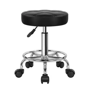KKTONER Round Rolling Stool Chair PU Leather Height Adjustable Swivel Drafting Work SPA Shop Salon Stools with Wheels Office Chair Small (Black)
