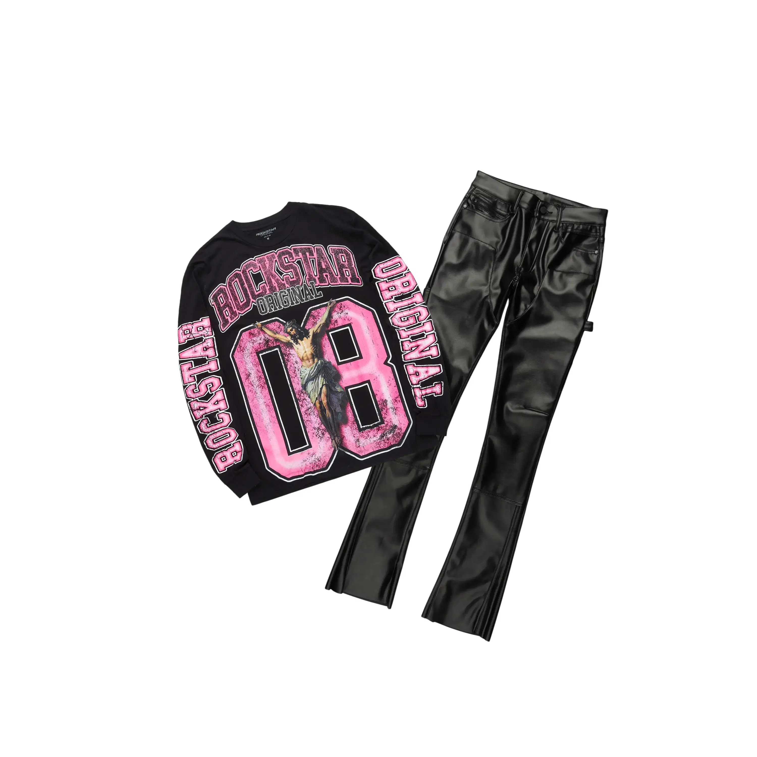 Fields Black Long Sleeve T-Shirt & Quatz Stacked Flare PU Jean Bundle