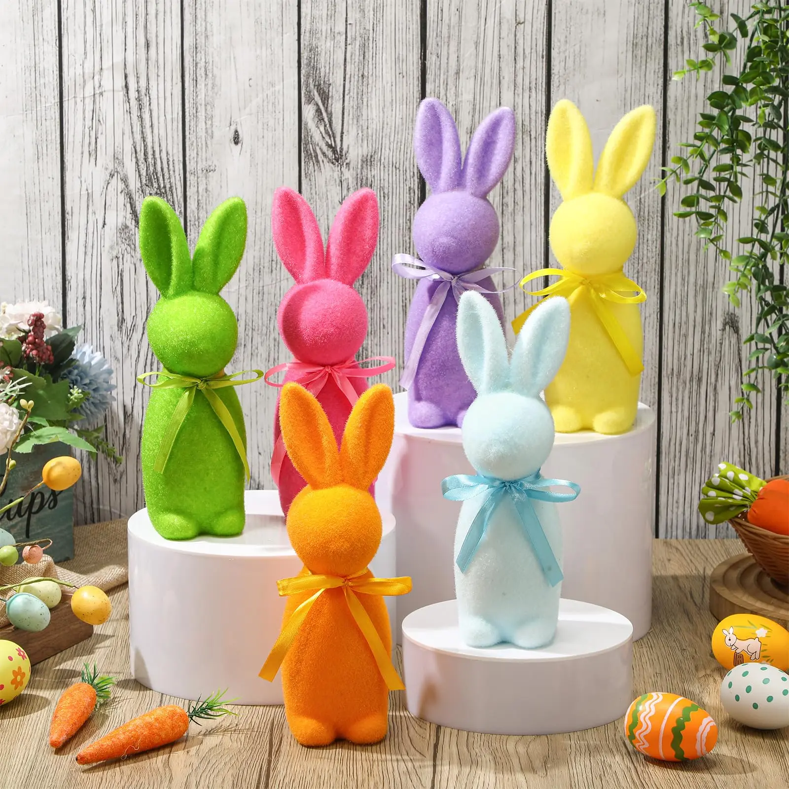 Pastel Flocked Easter Bunny Figurines Set - 4/6/7 Pcs Velvet Rabbit Statues with Bow Ties, 2026 Easter Home Decor for Tiered Tray, Spring Table Centerpiece, Home Party Gifts & Basket Stuffers