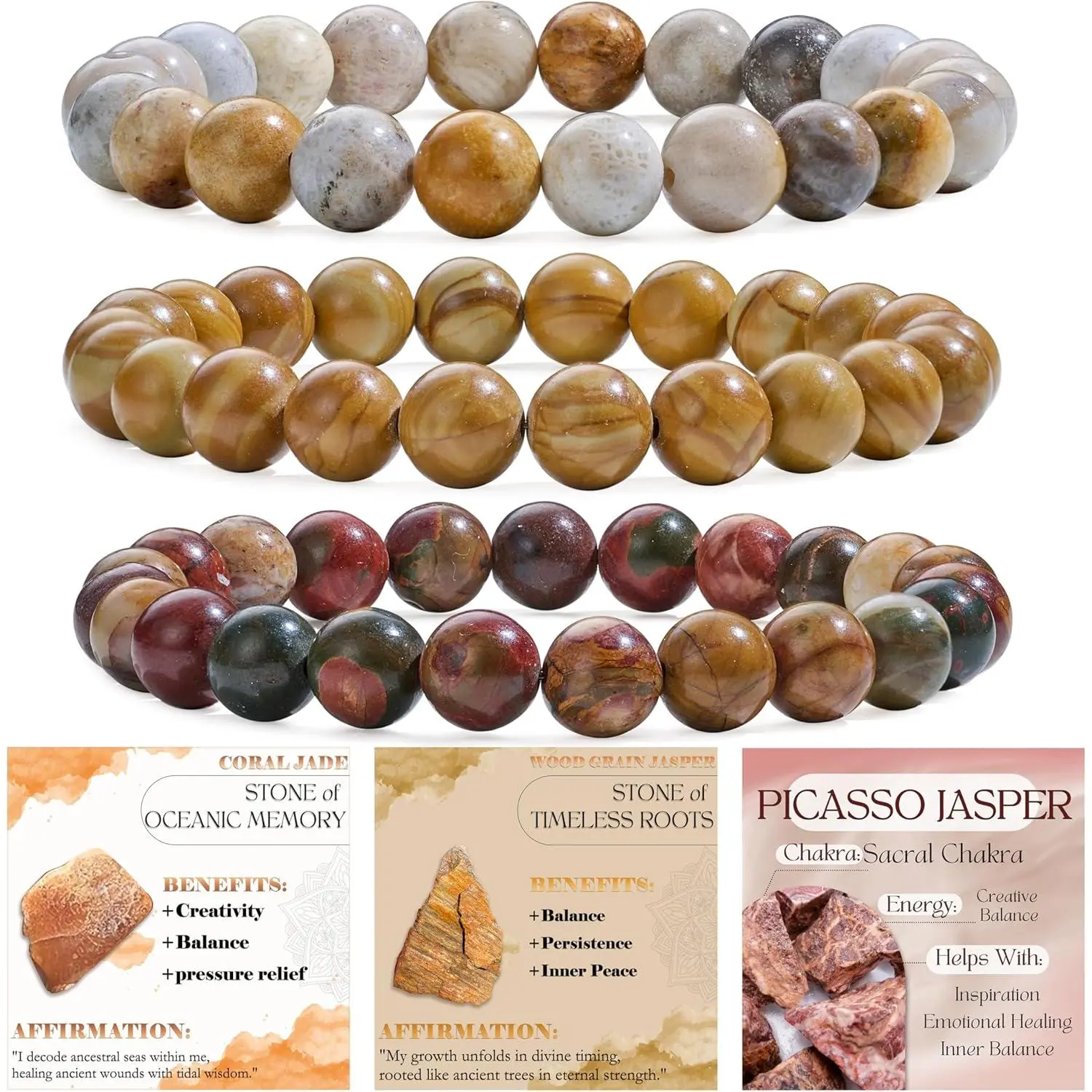 Coral Jade + Wood Grain Jasper + Picasso Jasper