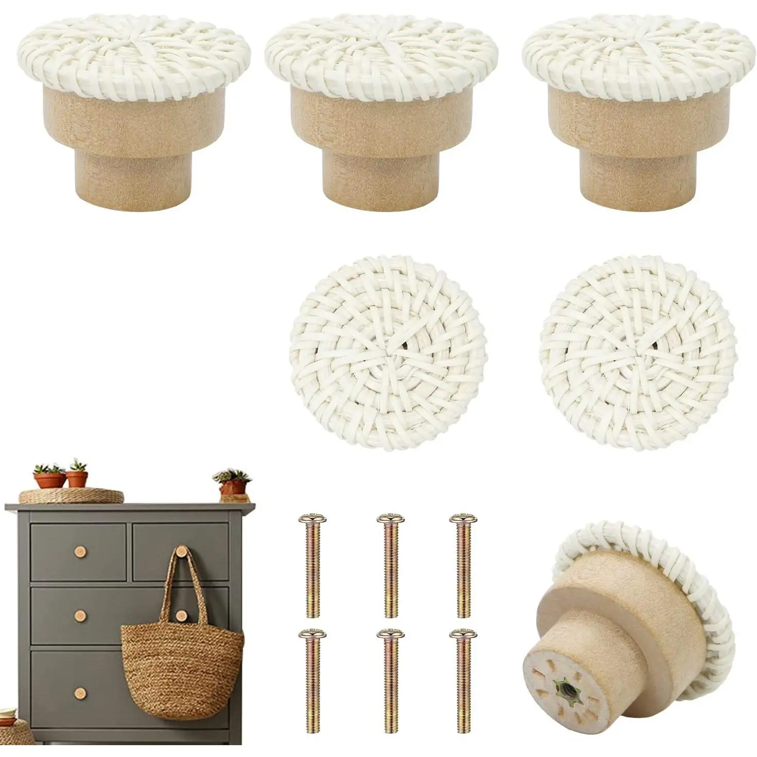 Boho Rattan Dresser Knobs for  Kitchen Cabinet knobs and pulls Wicker Woven Decorative Dresser Handles Round Wooden Knobs for Cabinets and Drawers 6 count (Beige, 6 count)