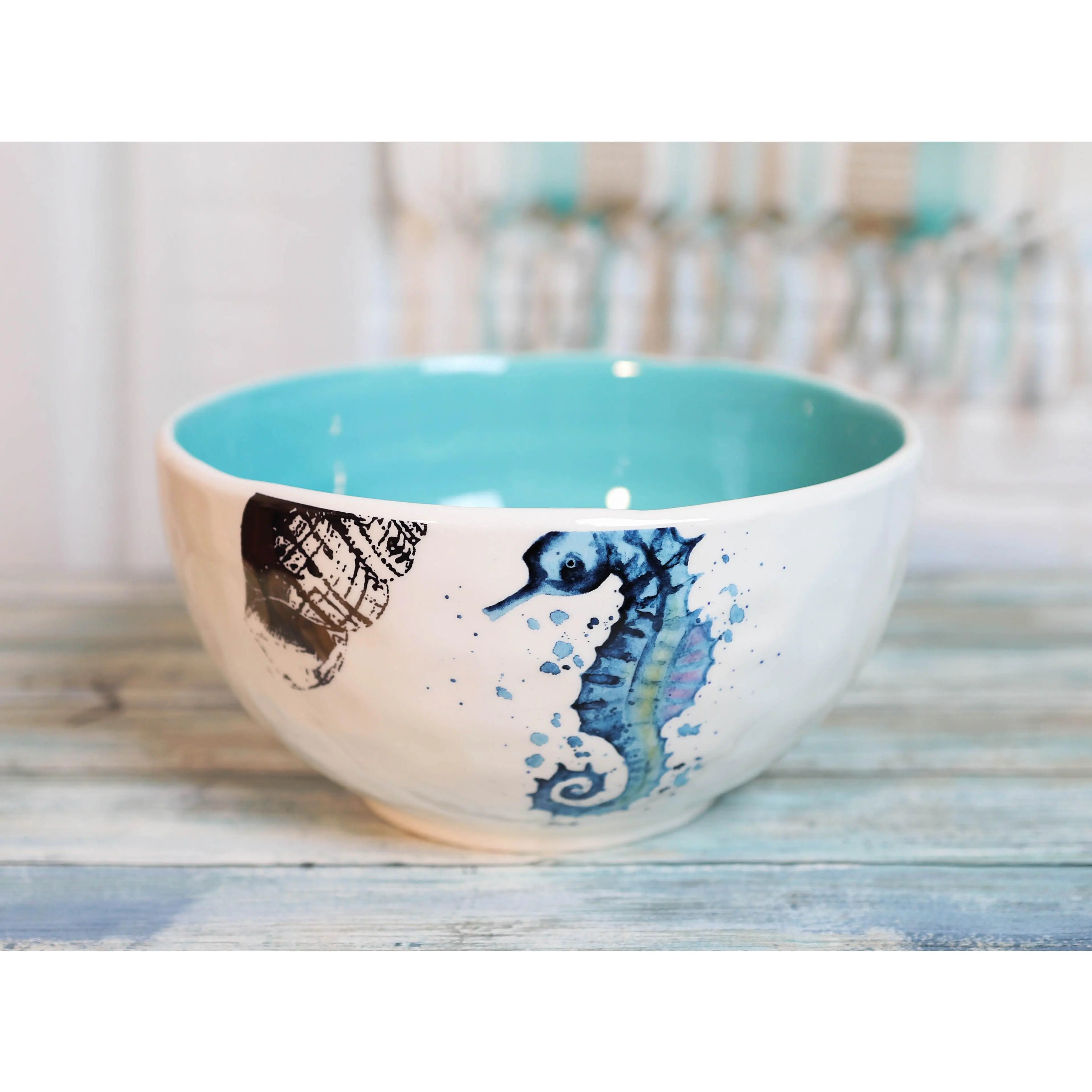 Nautical Blue-White Seahorse Ceramic Pottery Tableware, 95oz Large Serving Bowl for Pasta, Salad, Soup, Noodle