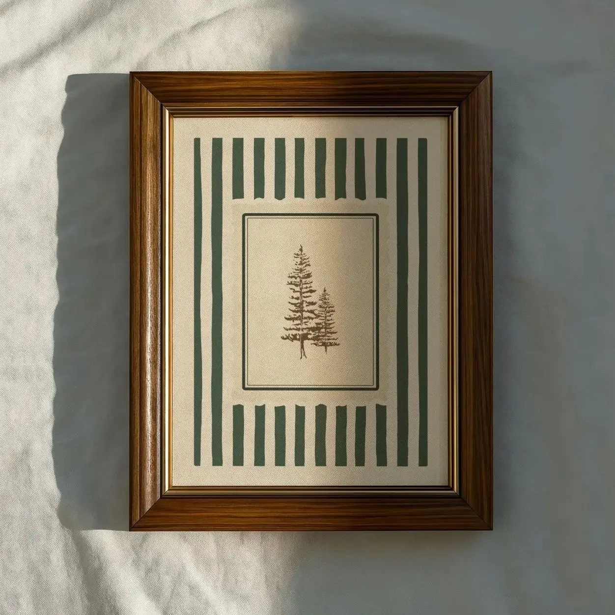 Vintage Pine Tree Sketch Art Print Green Stripe Forest Wall Decor Poster E