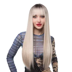 29-Inch Platinum Blonde Ombre (Dark Roots, Blonde Lowlights) Bone Straight Synthetic Wig | 【Heat Resistant】【Cap Included】 | FSGA