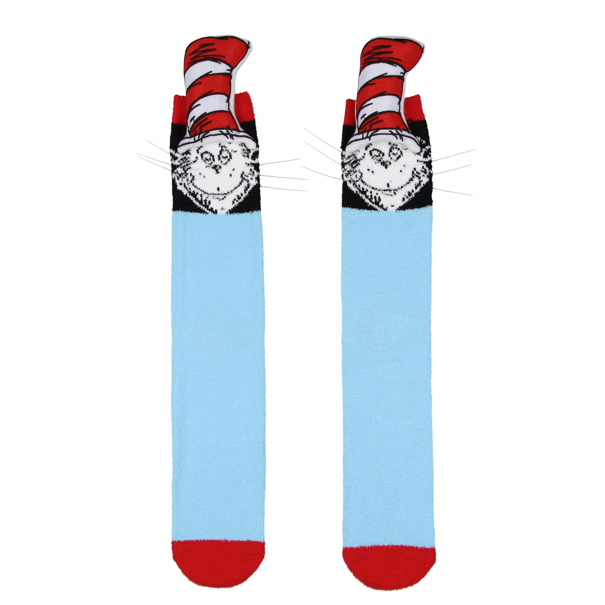 Dr. Seuss Cat in The Hat 3D Striped Hat Design Chenille Soft And Fluffy Men's Crew Socks
