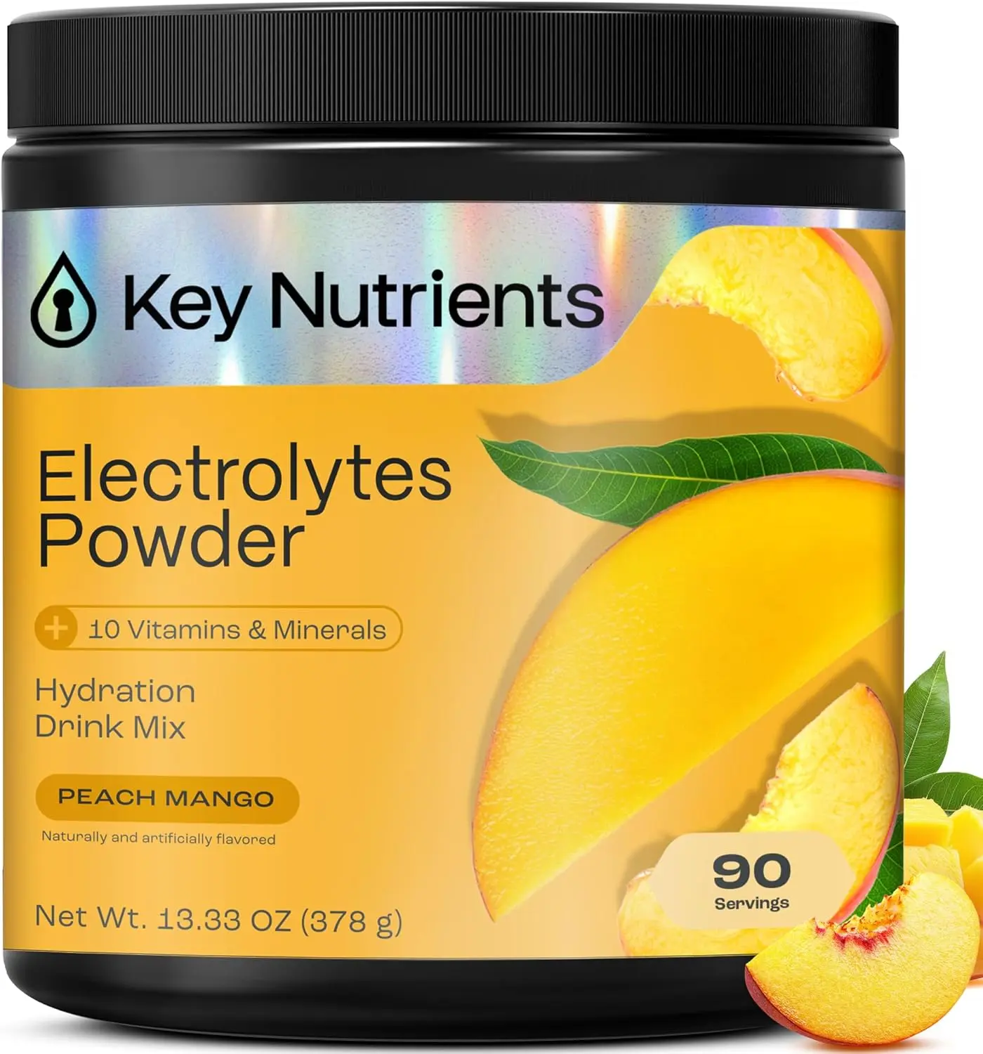 KEY NUTRIENTS Peach Mango Energy Drink Powder with Electrolytes No Sugar - 90 Servings | Endurance & Energy Supplement - 125mg Natural Caffeine Powder, 2000mg Taurine, 5mg Zinc - Tropical Peach Mango Energy Powder Drink Mix