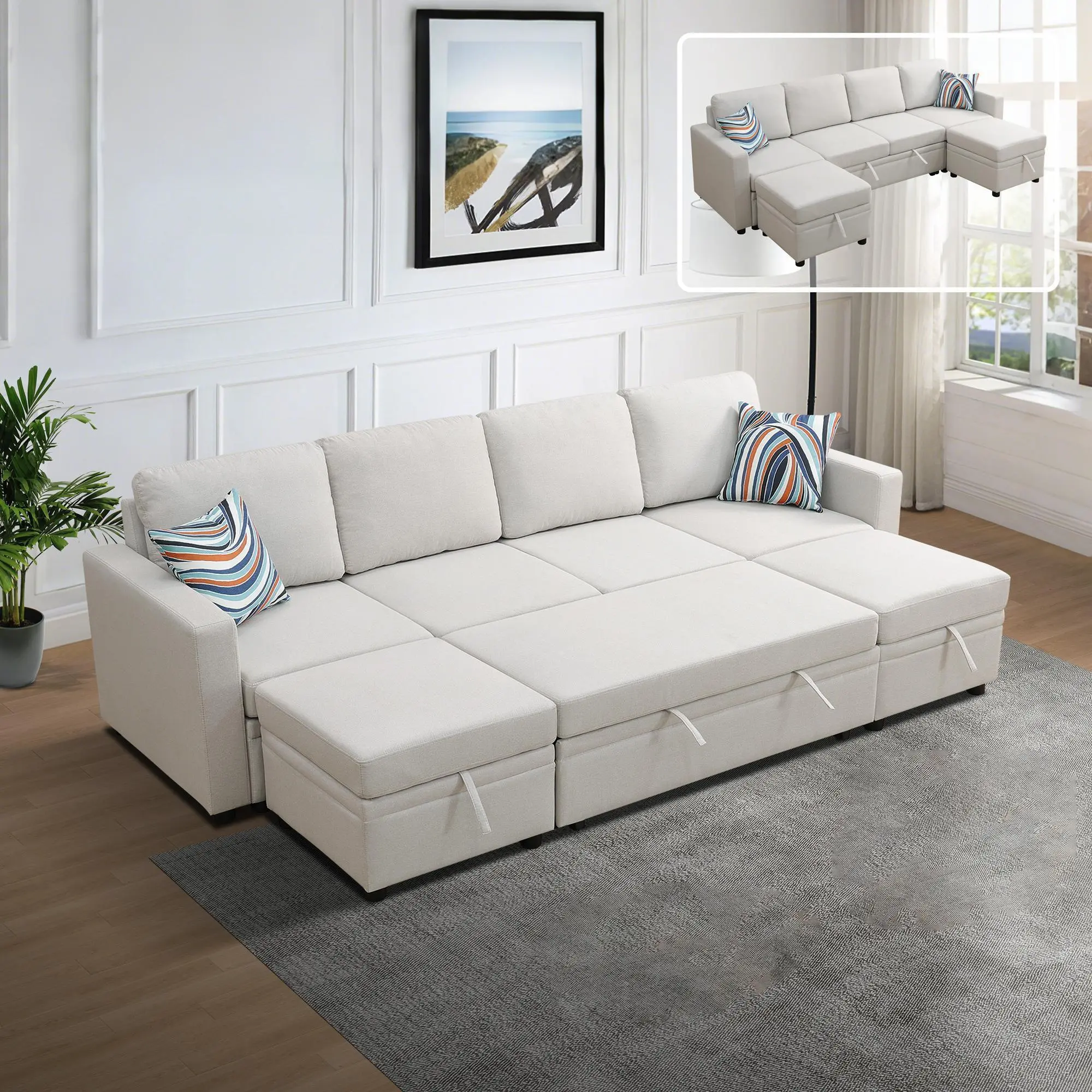 A AINEHOME Off-White Sackcloth 6-Piece Living Room Sofa Bed - Versatile Retro Set for Comfortable Stylish Seating Arrangement furniture couch sectional