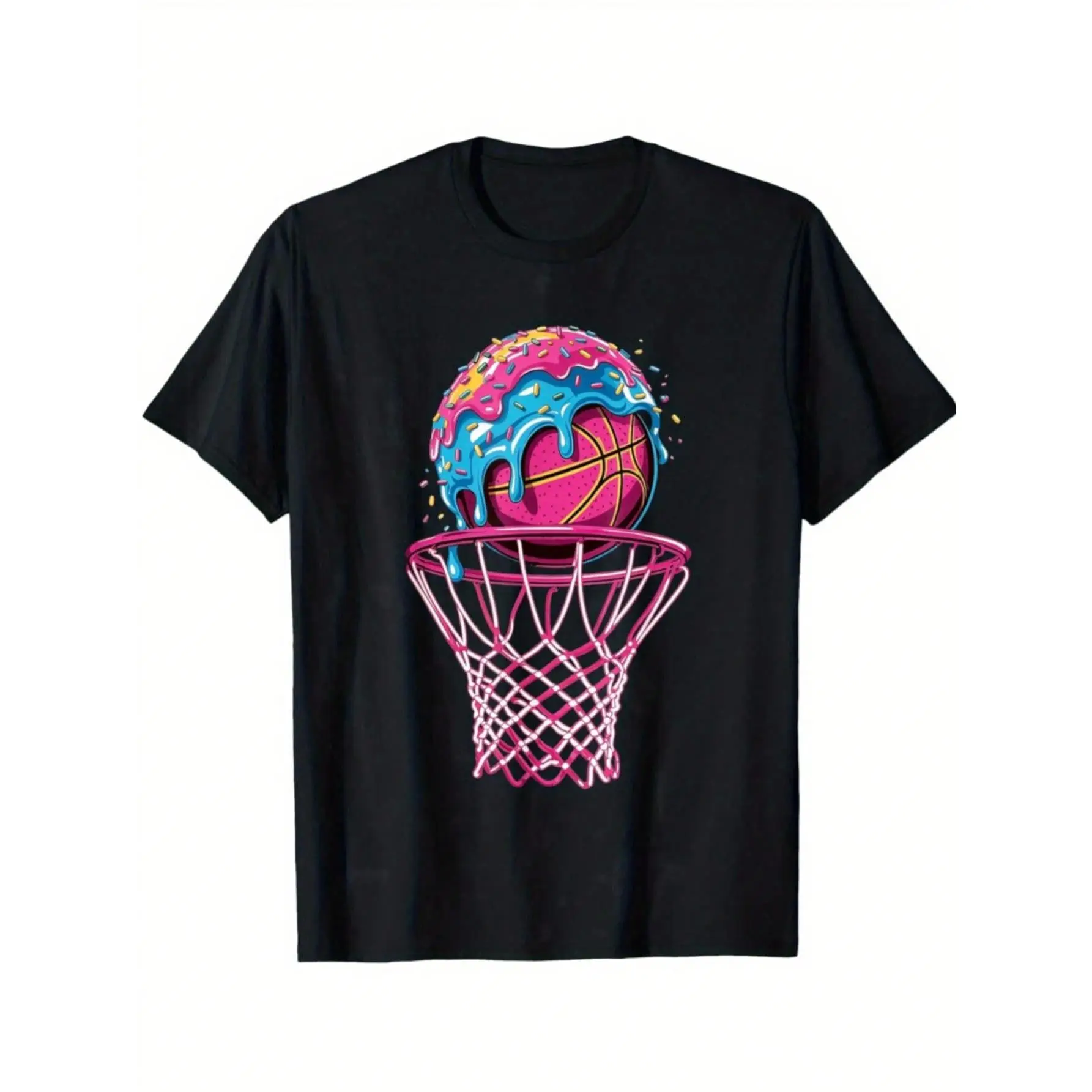 Boys Clothing Cute Graphic T-Shirt with Ice Cream Basketball Drip, Breathable 100% Cotton Crew Neck Short Sleeve Tops for Casual Summer Wear, Graphic Printed Tee, Loose Fit, Plant Pattern