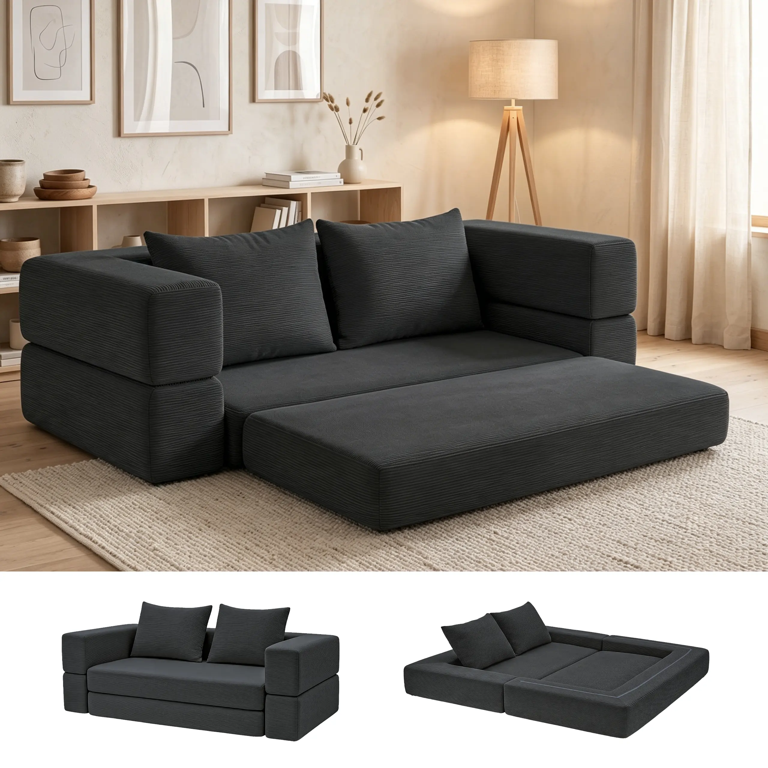 79''Convertible Sofa Bed, Boneless Couch with 2 large Pillows, 3 in 1 Foldable Sofa Bed for Living Room, Bedroom, Apartment,No Assembly Modular Futon Sofa Couch with Washable Cover for Small Spaces, Guest Bed &Kids Play Area