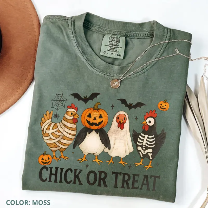 Comfort Colors Chick Or Treat Shirt, Funny Halloween Chicken T-Shirt, Spooky Chicken Tee, Cute Goose Costume Tee Women Short Sleeve Shirts