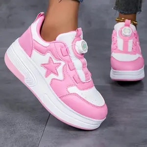 Girls' Pink Roller Skate Sneakers - Rotating Buckle Closure, Detachable Wheels, Round Toe, All-Season Support, Skater Training Footwear, Trendy Trainers