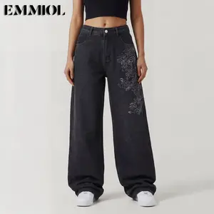 EMMIOL Women Hip Hop Baggy Jeans Wide Leg Mid-Low Waist Jeans Loose Boyfriends Jeans 90s Vintage Denim Pants casual comfy Black Womenswear Summer Vibes