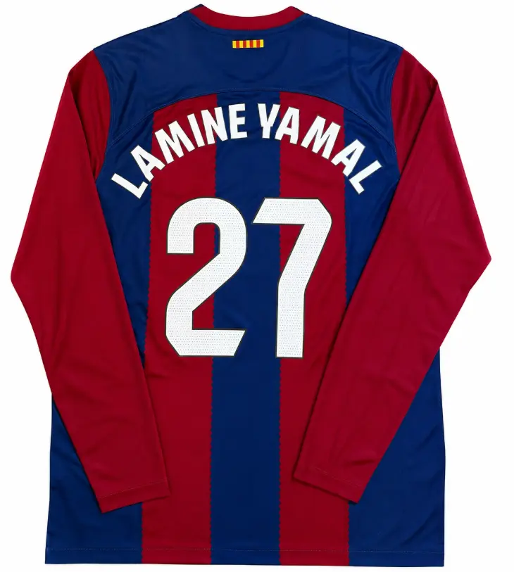 #27 Lamine Yamal Rookie Soccer Jersey BAS Beckett Witnessed, Retro LS Long Sleeve Top
