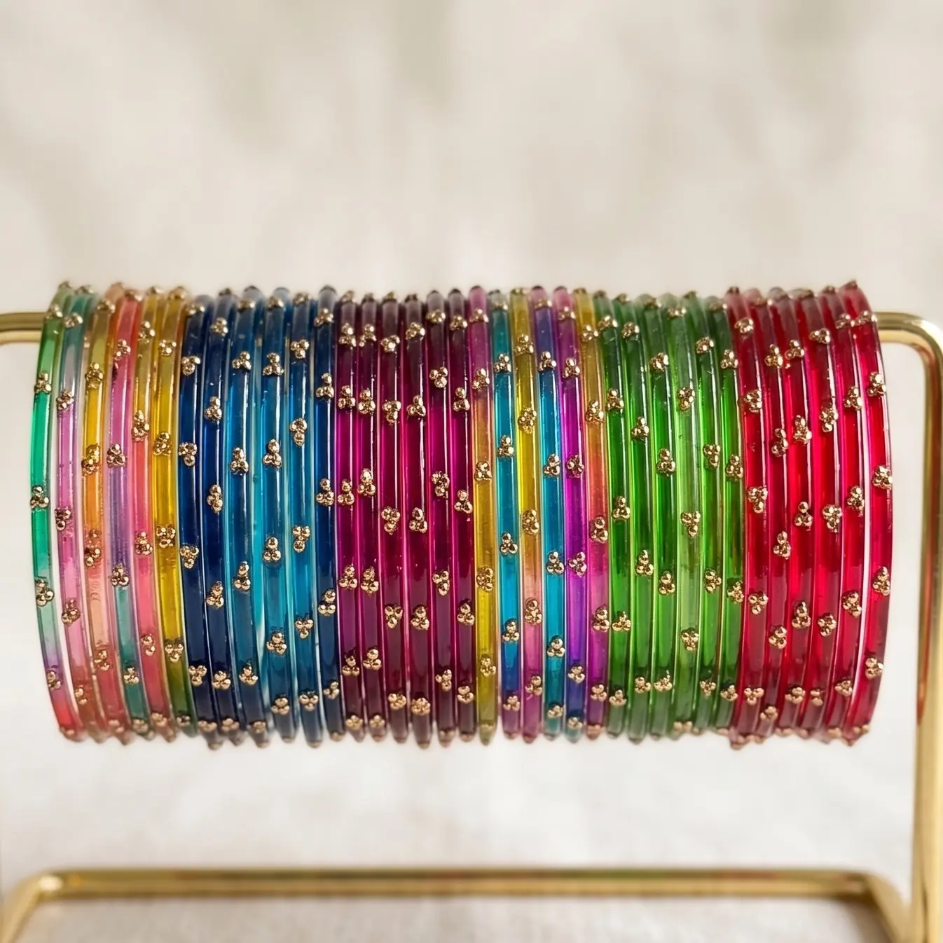 Women's Mastani Glass Bangles - 12-Piece Multi-Color Set with Emerald Green, Gold Filigree & Gold Accent, Nauratan-Inspired Festive Costume Jewelry