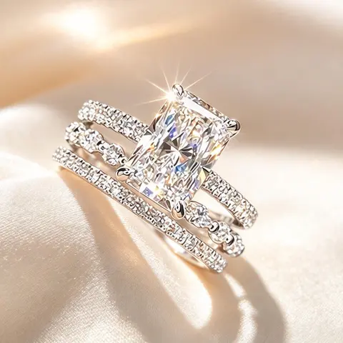 Women's 3Pcs Radiant Cut Stackable Fashion Rings Set, Wedding Ring Sets for Bridal, Romantic Accessories, Jewelry & Accessories for Women, Valentine/Christmas Gift Statement Layered Finger Bands