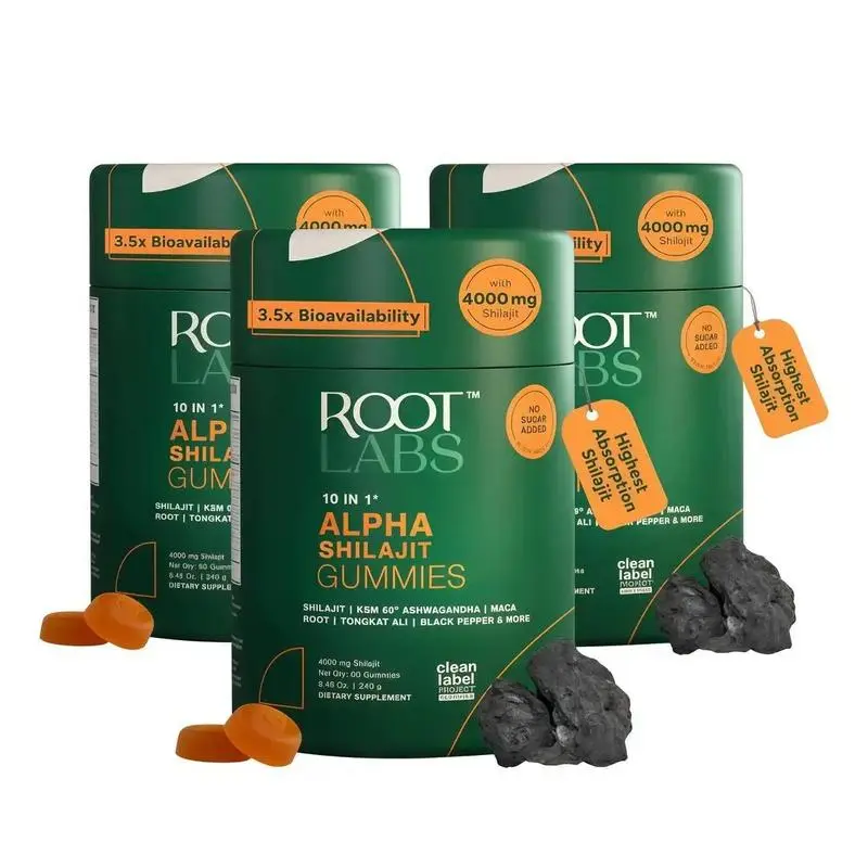 (Flash sale of 3 pack) Root Labs Alpha 10-in-1 Shilajit Gummies 4000 mg| Holiday Gift-Ready| Energy, Stamina & Focus| Zero Sugar| KSM-66 Ashwagandha, Tongkat Ali, Maca| Vegan| 60 Count