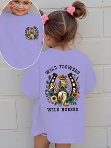Girls' Western Cowgirl Graphic T-Shirt - Wild Flowers & Horses Print Short Sleeve Top with Horse & Cactus Design, Soft Round Neck Playwear for Horse Lovers, Country Western Theme Outfit, Double-Sided Print with Wildflowers & Horse Motif, Cowgirl Tee