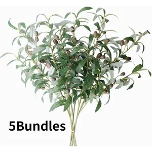 5Bundles Realistic Olive Leaf Branch Artificial Olive Leaf Tree Branch with Fruit for Home Garden Decoration, Wedding Bouquet, Silk Flower Arrangement, Creative Gift, Holiday Accessory, Birthday Party Supplies Faux Plastic Ornaments