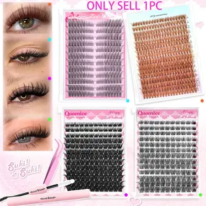 Individual Cluster, Wispy Soft Wide Stem Lash Cluster Set, Eyelash Extension, Fishtail/Cat Eye/Brown Lash, Wet Look/Dramatic/Volume+Wispy, with 2in1 Glue&Tweezers, Reusable to Enhance Eye Makeup, Daily/Wedding/Party/Music Festival/Mother's Day