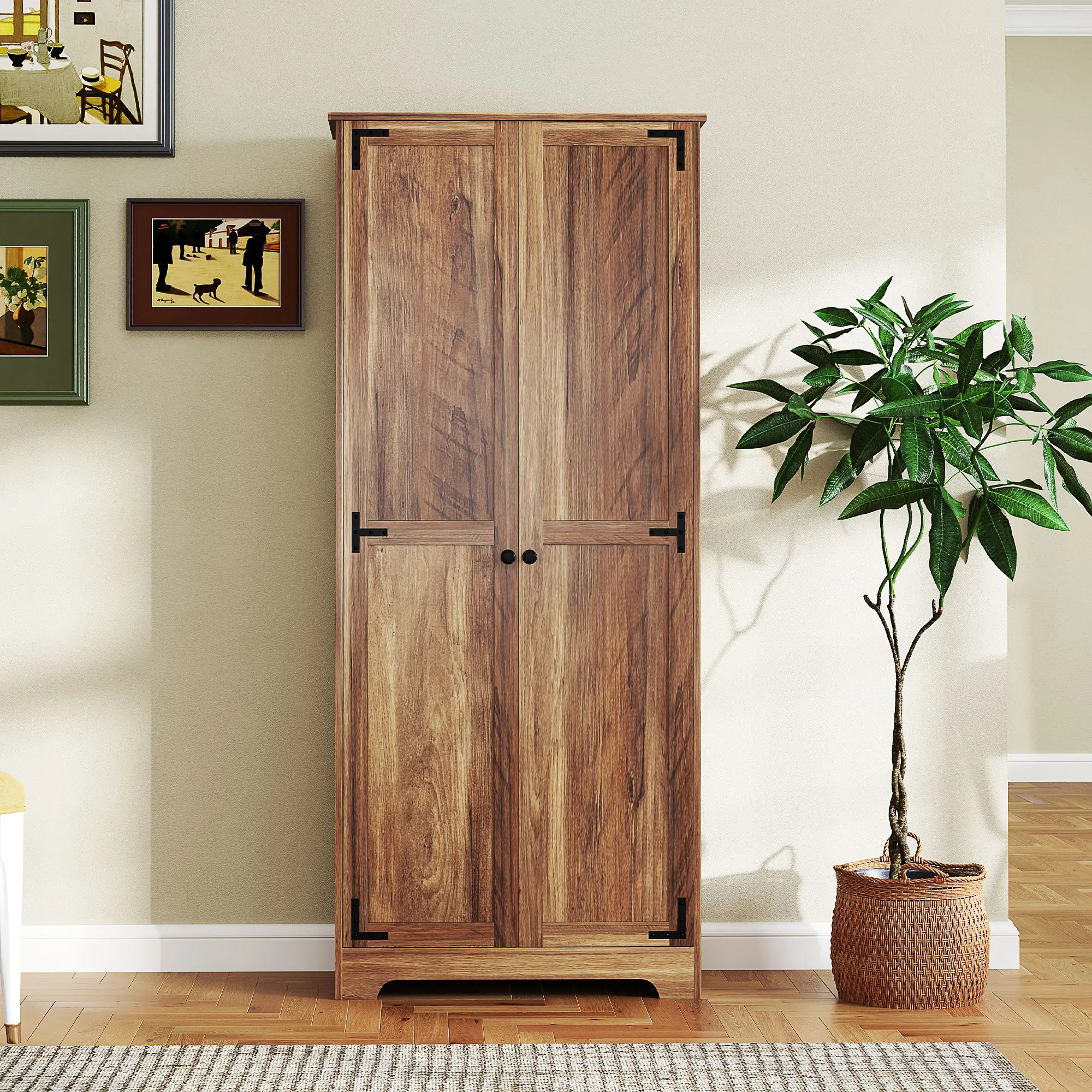 72-in Tall Farmhouse Freestanding Floor Cabinet, Brown Rustic Indoor Kitchen Cupboard with Adjustable Shelves, Versatile Storage Organizer for Dry Goods, Small Appliances