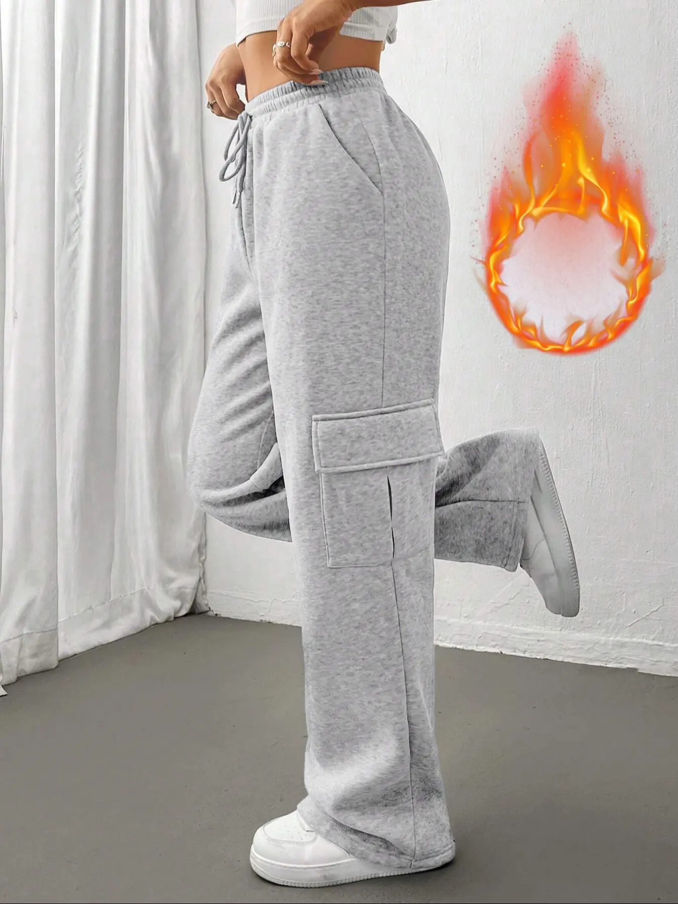 Women's Autumn Winter Fleece-Lined Thick Side Pocket Adjustable Drawstring Waist Straight Leg Sweatpants, Loose Fit Basic Casual Comfy Stretchy Fashion Straight Leg Long Trouser Pants for Daily Wear Womenswear Long Trousers