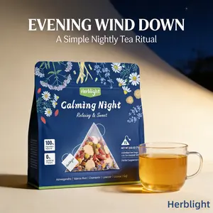 Herblight Calming Night Tea | Ashwagandha Chamomile Lavender & Licorice | Caffeine-Free | Sleep Support & Stress Relief | All Natural Herbal Blend | 2.6oz 15 Tea bags