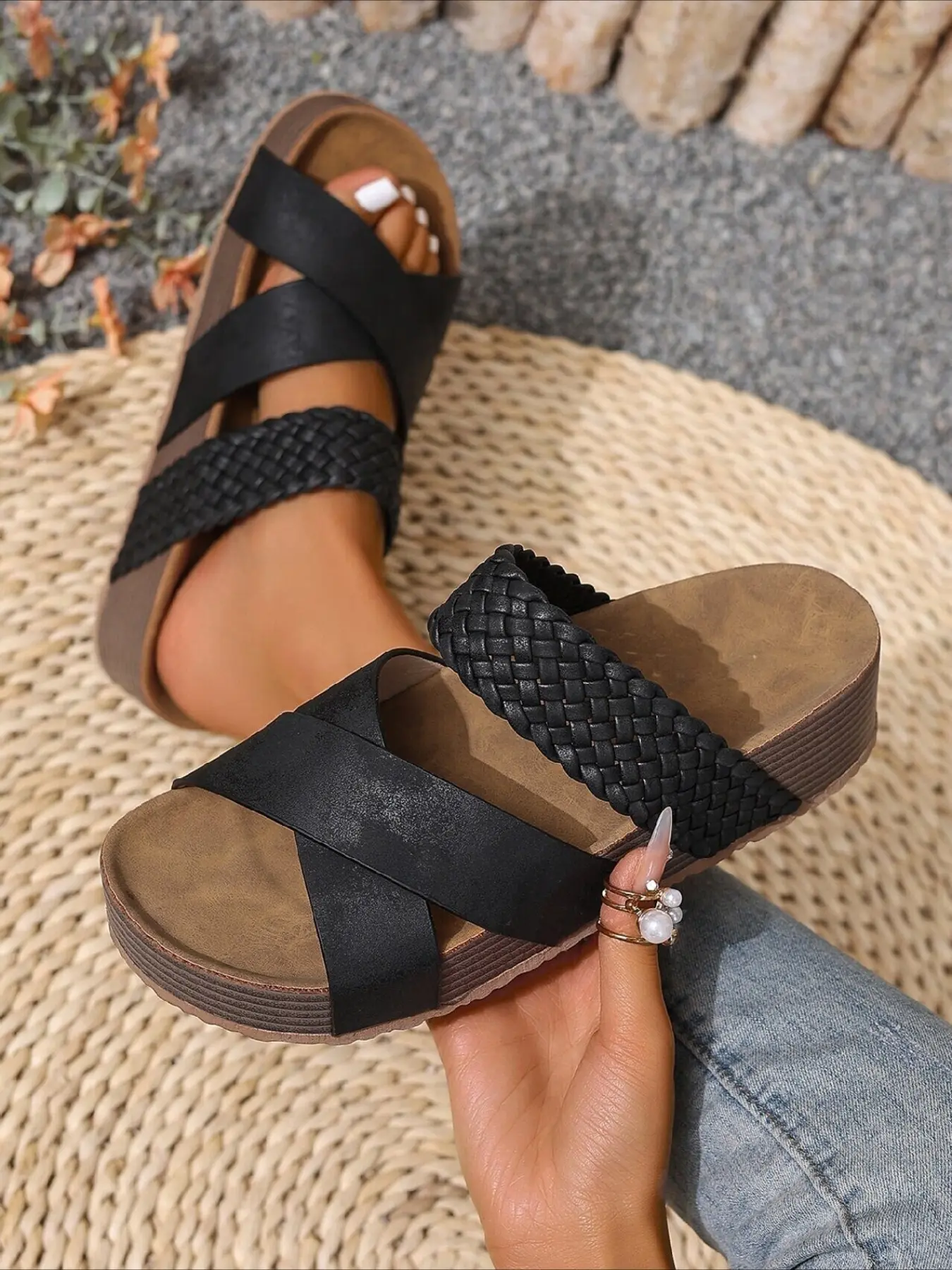 Cork insoles! Woven thick-soled slippers for women, suitable for outdoor wear, comfortable, slip-resistant, and cool, Summer Sandal, casual trendy sandals, Casual Fashion Sandals