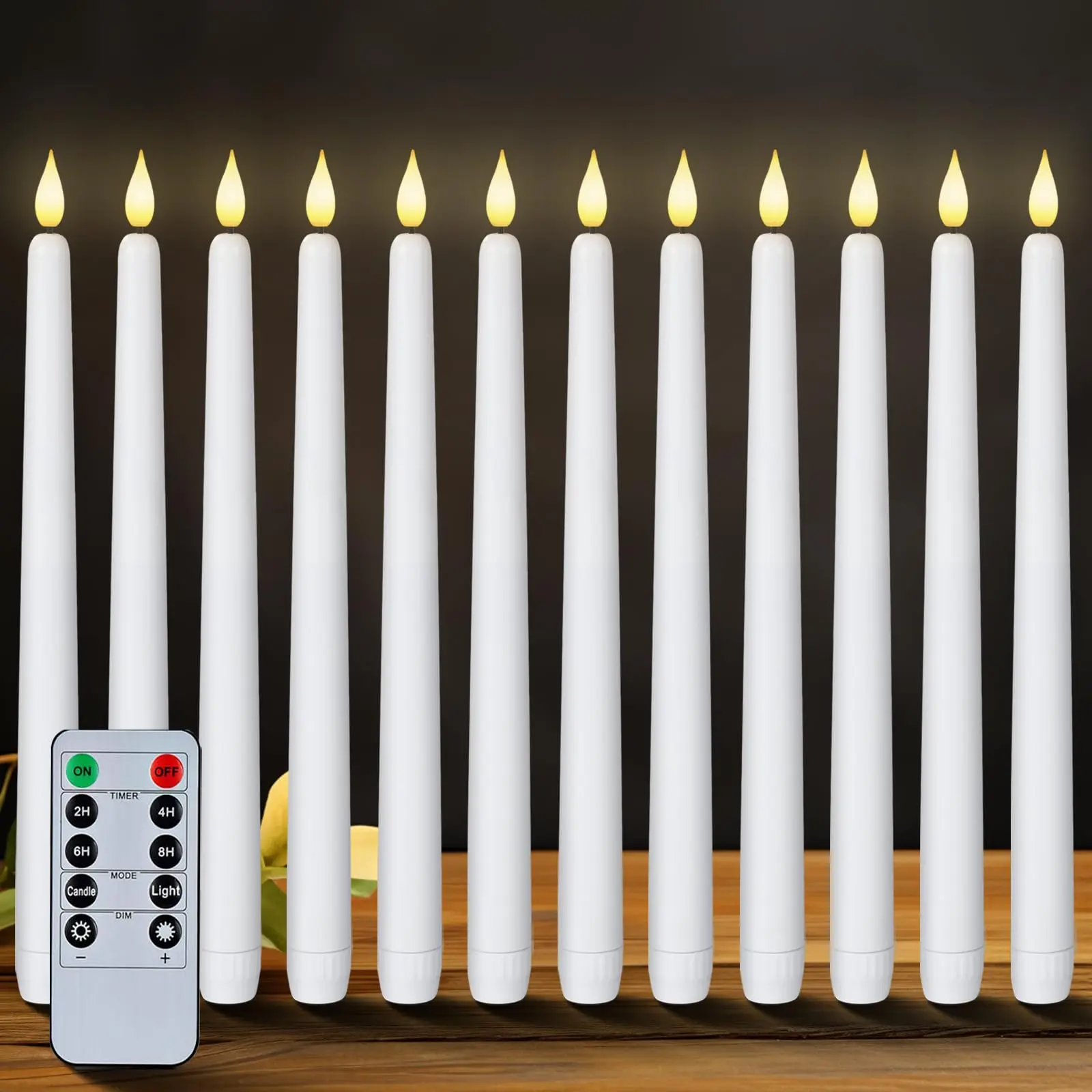 11in Battery-Operated Decorative Candles - 12 White Taper Plastic Candlesticks with 3D Flame, 3D Bead Design, Remote Timer, Adjustable Dimmable Lights for Indoor Easter, Halloween Decor