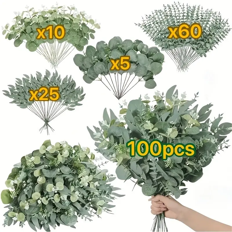 100pcs Pack Artificial Eucalyptus Stems Mix, Silver Color Clips, DIY Bouquets, Diy Fake Flowers, Fake Plastic Flowers, Decorative Floral Arrangements, DIY Floral Decoration, Home Decor, Indoor Outdoor Use, Plants, Fake Indoor Plants