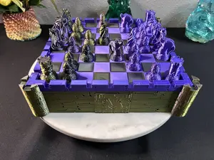 Castle Chess Set, 3D Printed with Dragon Chess Pieces, Checkers and Storage Included