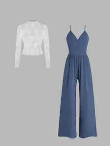 Valentine's Day Two-piece Set Women's Solid Color Lettuce Trim Mock Neck Sheer Lace Top & Pocket Wide Leg Cami Jumpsuit, Elegant Fashion Casual Two Piece Outfits for Daily Outdoor Wear, Women Clothes for Spring Fall
