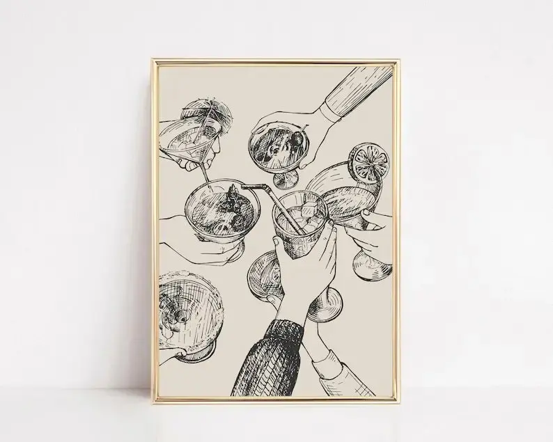 Bar cart print, Cheers print, Bar cart decor, Retro kitchen wall art, Trendy wall art, Kikiandnim, Digital print,Artistic Gift,Ornaments Poster Room
