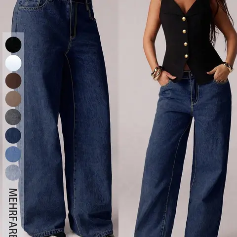 Women's High Waist Baggy Straight Leg Fit Dark Wash Denim Jeans Button, Pocket, Pants, Fashionable Comfortable Daily Wear, Perfect for Casual and Trendy Styles Bottoms Button Front Jeans