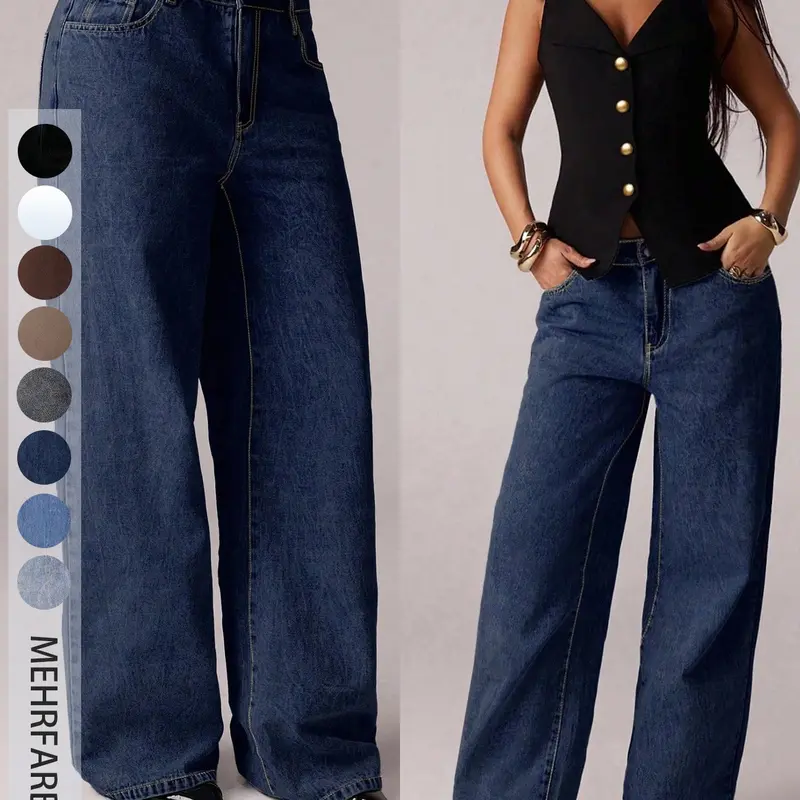 Women's High Waist Baggy Straight Leg Fit Dark Wash Denim Jeans Button, Pocket, Pants, Fashionable Comfortable Daily Wear, Perfect for Casual and Trendy Styles Bottoms Button Front Jeans