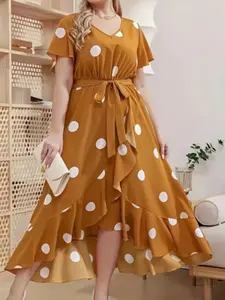 Vintage Polka Dot V-Neck Shortsleeve Tie Waist Asymmetrical Ruffle Plus Size Dress, Perfect for Summer Outings, Dates, Travel, and Vacations, Casual Wear