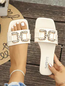 2026 Summer New Retro Metal Buckle Square - toe Flat Sandals, Multi - color Open - toe Soft - sole Women's Slides, Versatile for Daily Commute/Dating/Vacation & Stylish Texture