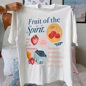 Trendy Y2K Fruit Of The Spirit Bible Verse T-Shirt For Women, Retro Watercolor Strawberry Cherry Graphic Casual Top For Streetwear