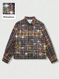 Men's Trendy Vintage Plaid Rhinestone Stylish Fitted Casual Design Long Sleeves Shirt, Full Crystal Decor, Retro Checkered Collared Top, Streetwear Party Social Wear