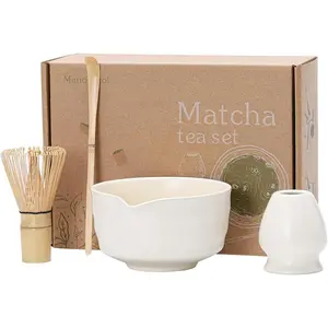 Matcha Tea Set – Traditional Japanese Ceremony Kit with 18.5OZ Ceramic Bowl, Bamboo Whisk, Scoop, and Holder – Ideal for Authentic Matcha Preparation and Gifting (Cream White)